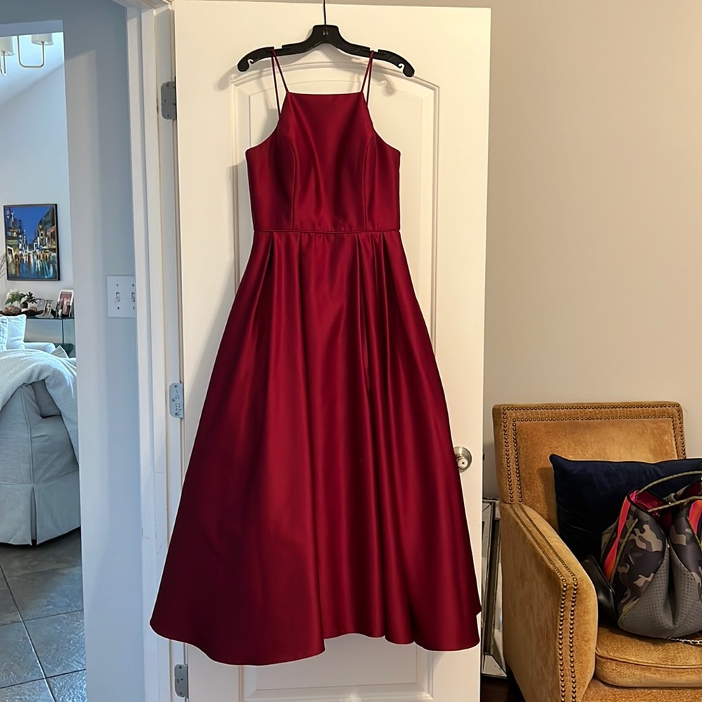 Betsy & Adam Burgundy Floor Length Gown